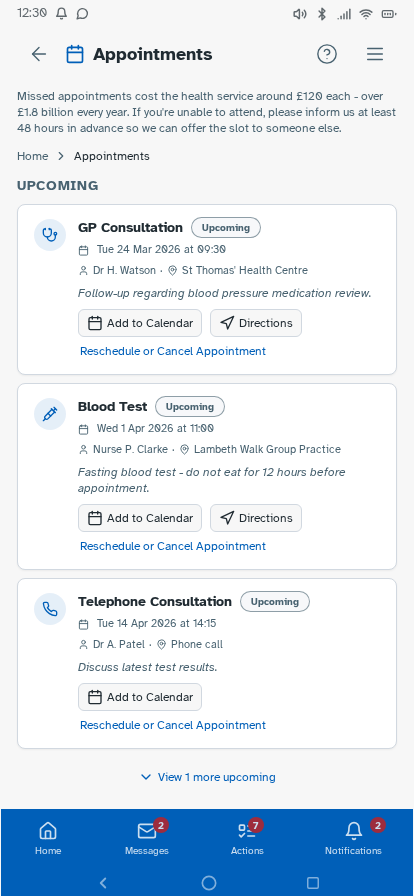NHS app prototype – appointments list
