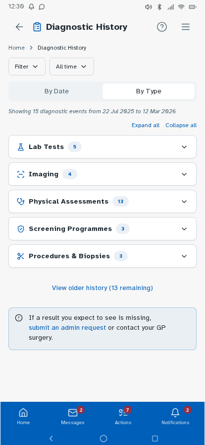 NHS app prototype – diagnostic history by type