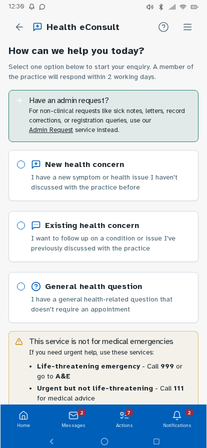NHS app prototype – eConsult options