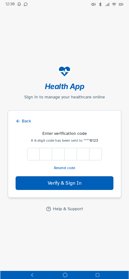 NHS app prototype – MFA one-time passcode step
