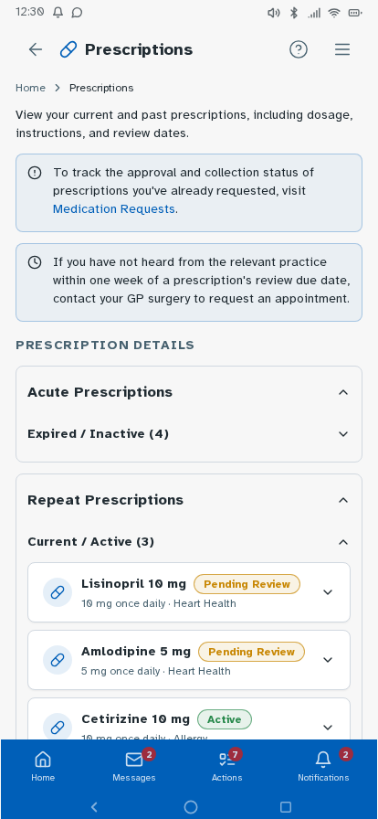 NHS app prototype – prescriptions list