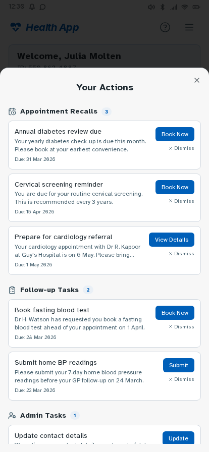NHS app prototype – patient quick actions overlay